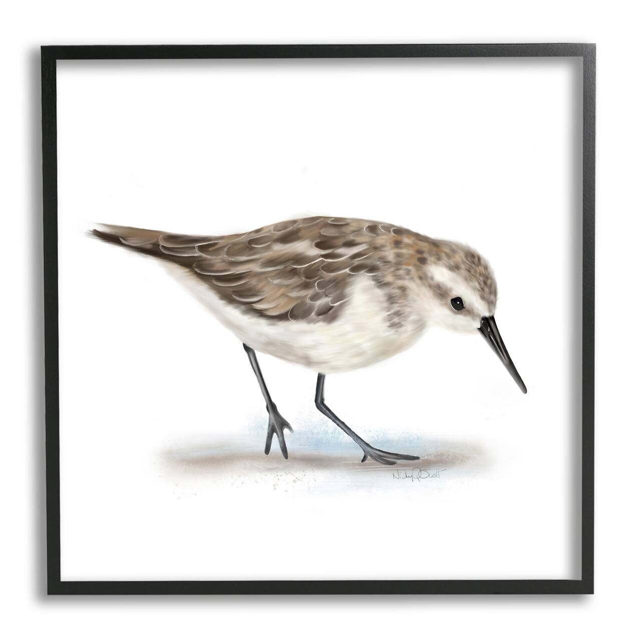 Stupell Industries Charming Sandpiper on Soft Sand Brown Nautical Bird in Black Frame Wall Art